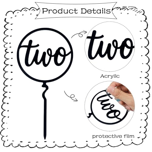Black Acrylic Two Birthday Cake Topper - 2nd Birthday Party Decoration