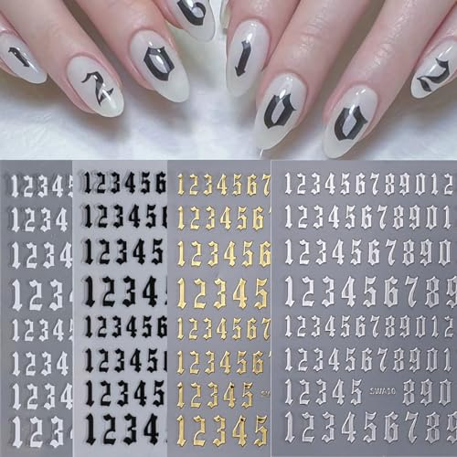 MOLILON 4 Sheets Retro Number Nail Stickers Self-Adhesive Decals