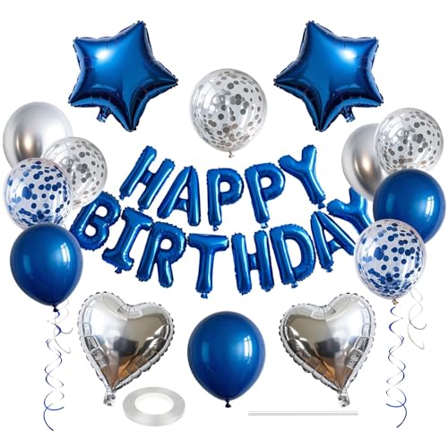 WEIKA Blue Silver Birthday Decorations Kit with 3D Letter Balloons & Foil Balloons