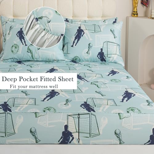 FADFAY Twin Size Soccer Sheet Set - Ultra Soft Breathable Cotton, Blue Sports Bedding