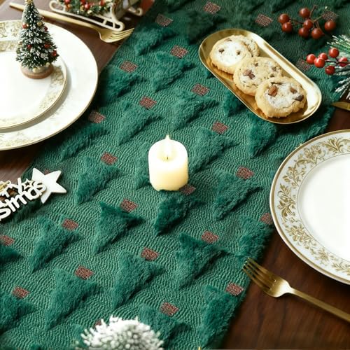 Christmas Table Runner Green Faux Fur Jacquard 13x72 Inch - Festive Holiday Decor - Green B