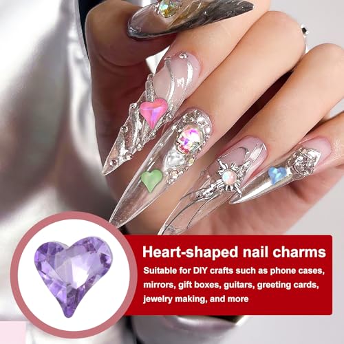 MECCANIXITY 30 Pcs 3D Heart Nail Charms 12x13mm Purple Crystal Rhinestones