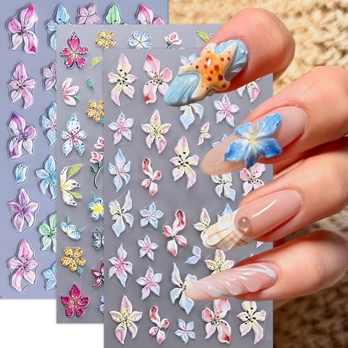 Quezadyl 3Pcs 5D Embossed Flower Nail Stickers Tropical Floral Decals