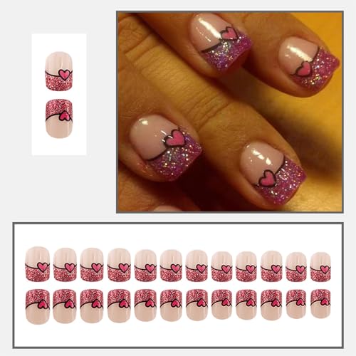 Valentine Press on Nails Short Square False Nails with Red Heart Design