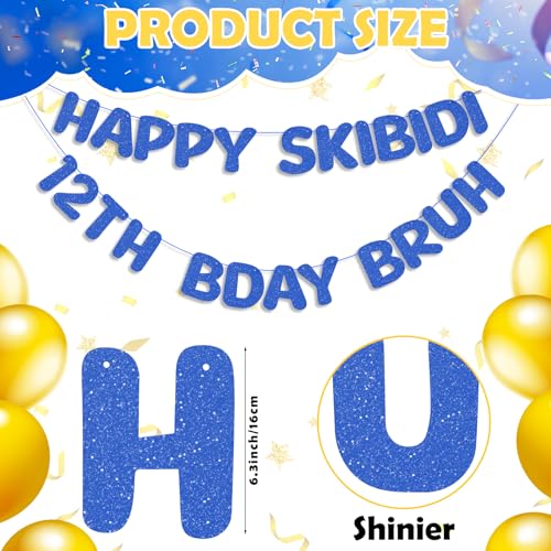 Happy Skibidi 12th Bday Bruh Glitter Banner Dark Blue Party Decoration