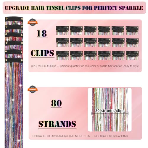Aouuhe Clip-in Hair Tinsel Kit - 18 Pcs 20.5 Inch Glitter Hair Extensions