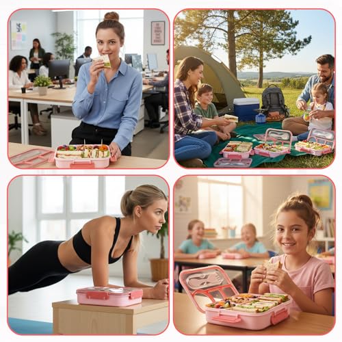YANLIFY 4-Compartment Bento Lunch Box for Adults - Pink, Leak-Proof & BPA-Free