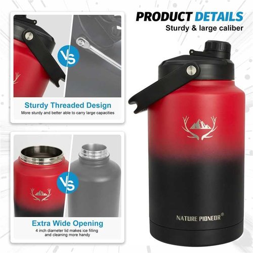 NATURE PIONEOR 1 Gallon Insulated Water Bottle - Double Vacuum Stainless Steel 128 oz Water Bottle with Holder/Carrier, Wide Mouth 1 gallon Water Jug for Outdoor Sports, Hiking, Camping, Gym