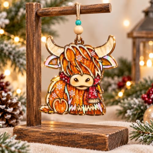 Highland Cow Christmas Ornament 4 Inch Acrylic Flat Decor - Variation: Highland Cow
