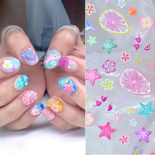 5D Embossed Summer Beach Nail Stickers Ocean Flower Starfish Decals