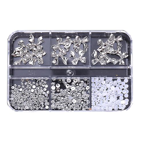 LYLYNB 3D Metal Bow Nail Charms with Pearls and Rhinestones - 6 Grid Box