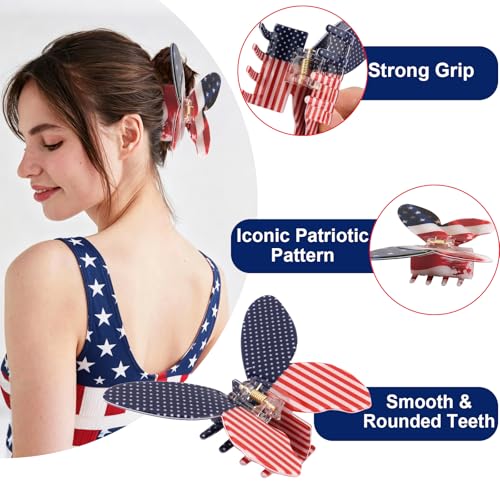FASOTY Patriotic Butterfly Hair Claw Clips - 3 Pcs Red White and Blue