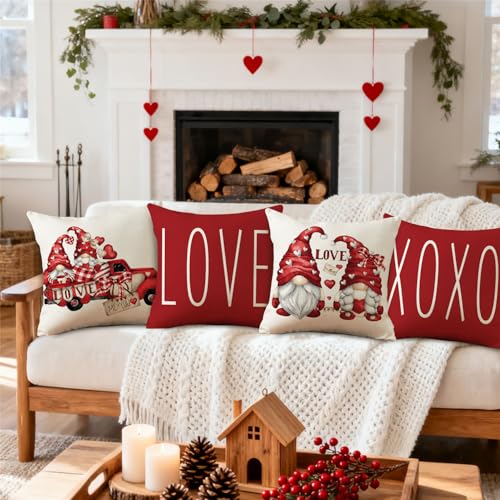 NIGHTWISH Valentine's Day Pillow Covers Set of 4 | Love Heart Gnomes