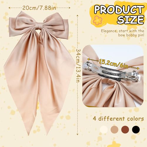AWAYTR 4 Pcs Big Hair Bows for Women, Silky Satin Long Tail Barrette Clips
