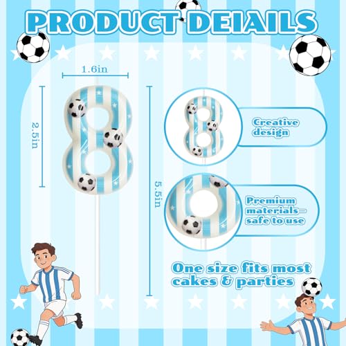 Blue Soccer Themed Number 8 Birthday Candles for Cake Decoration - Candsun