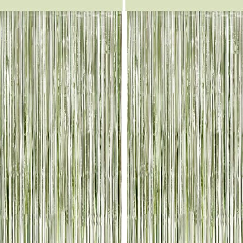 Sage Green Foil Fringe Curtain Set - 4 Pack Tinsel Backdrop for Parties
