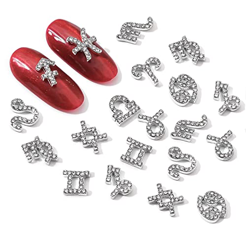 WOKOTO 24pcs Silver Zodiac Signs and Letters 3D Nail Art Charms