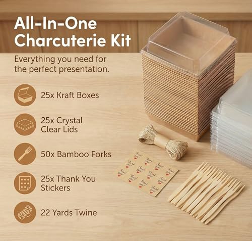25 Pack Mini Charcuterie Boxes with Clear Lids - Disposable Food Containers