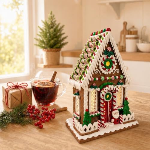 13-Inch Lighted Gingerbread House with LED Lights - Festive Holiday Decor