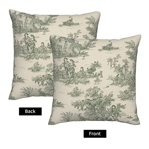 CALHogar 18x18 French Toile Pillow Cover - Vintage Jouy Green Burlap