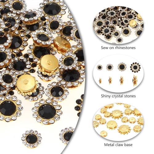 100pcs Sunflower Sew-On Rhinestones - Glass Crystals with Metal Claw, Mixed Sizes 8mm to 14mm
