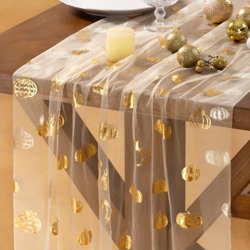 Gold Gauze Table Runner Fall Pumpkin Beige 10ft for Party & Holiday Decor