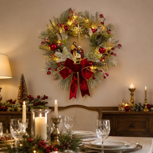 Lighted Christmas Wreath with Nativity Scene - 22 Inch Holiday Decor