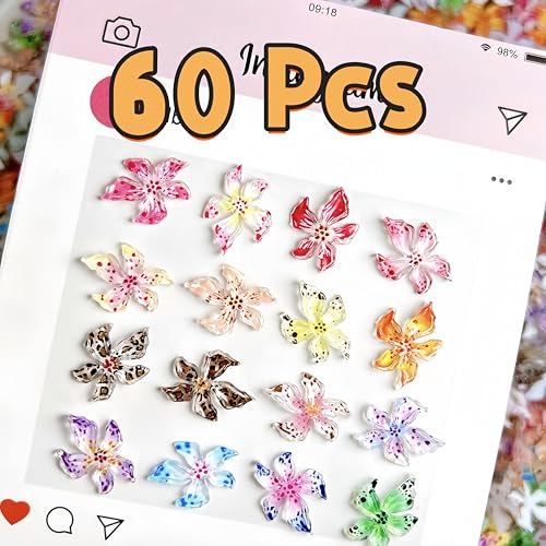 3D Flower Nail Art Charms - 60PCS Colorful Hawaii Hibiscus Nail Gems