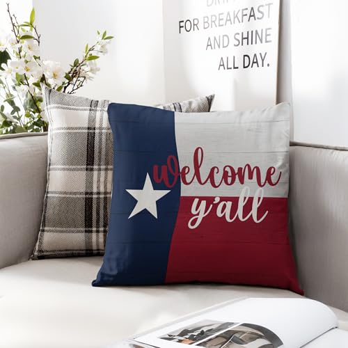 Texas Flag Welcome Y'all Pillow Cover 18x18 - Rustic Farmhouse Decor (Color 01)