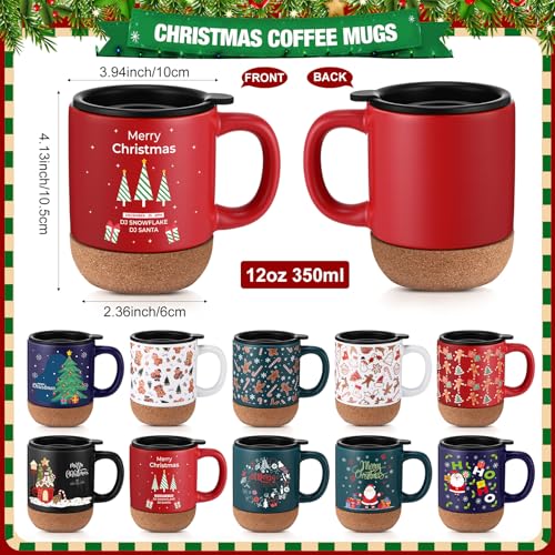 Christmas Ceramic Coffee Mug Set with Cork Bottom Spill Proof Lids - 12oz