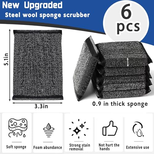 Heavy Duty Steel Wool Scrubber Sponges - Black Kitchen Cleaning (6 Pack)