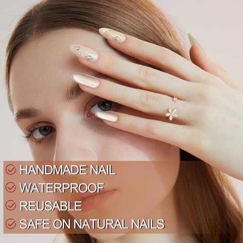AFGHOUZ Medium Oval Press on Nails, Glitter Cat Eye & Floral Design