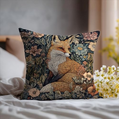 William Morris Inspired Fox Floral Flannel Pillow Cover 18x18 - C-fox 02
