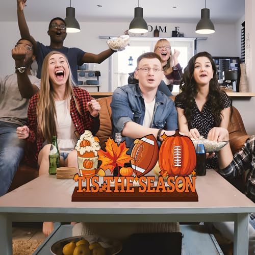 Fall Wooden Table Centerpiece Decor - Football, Pumpkin & Leaf Design, 11.8x6 Inches