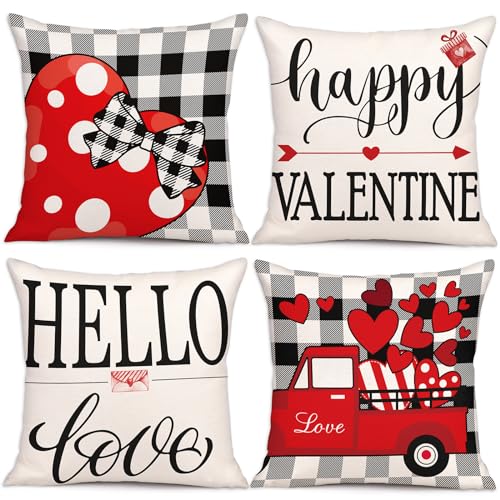 Geefuun 4-Piece Valentine’s Day Checked Throw Pillow Covers, 18x18 Inches
