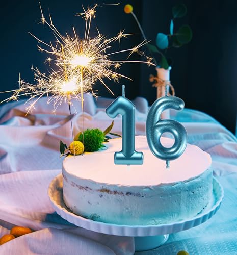 Glitter Blue 16th Birthday Candle Set | Number 16 & 61 Cake Toppers