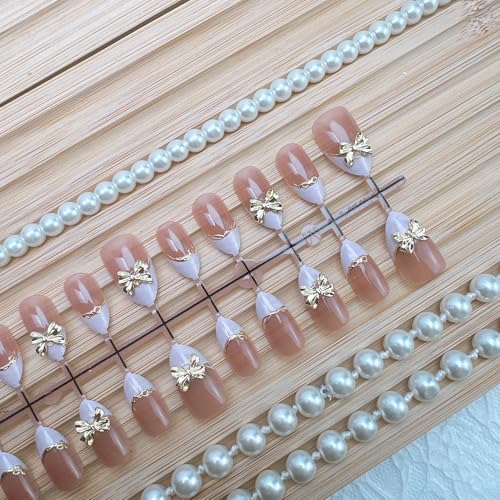 Short Almond French Tip Press On Nails with Gold Line & 3D Bow 30Pcs