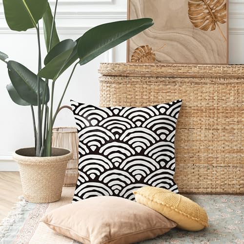 BILLAION Japanese Seigaiha Wave Throw Pillow Cover, 18x18 Black and White-01