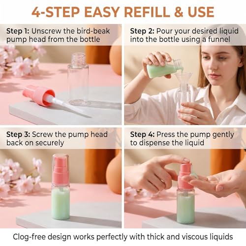 Light Red 10ml Clear Plastic Cream Pump Bottles - 6 Pack with Labels