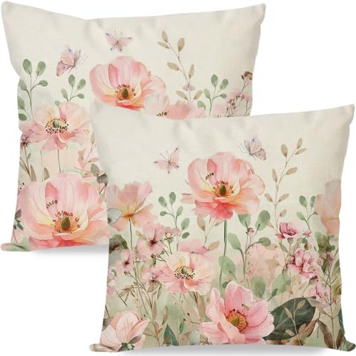 PANDICORN 18x18 Inch Pink Flower Throw Pillow Covers (Set of 2)