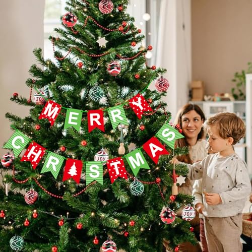 Merry Christmas Banner - Red Green Hanging Decoration, 6.15x5.12in