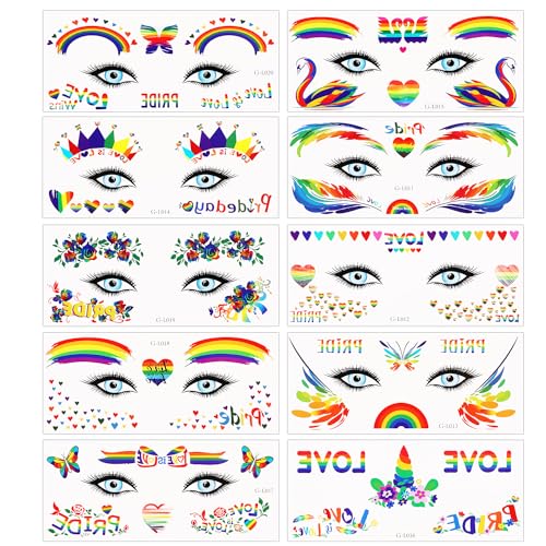Lasuroa Rainbow Temporary Pride Tattoos - 10 Sheets Waterproof Face & Body Stickers for Festivals and Party Celebrations