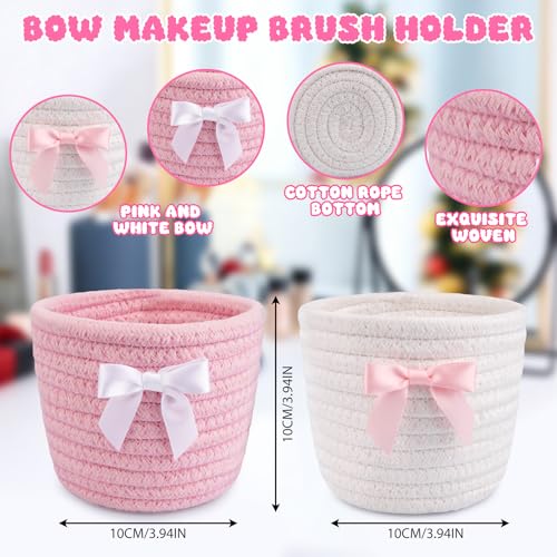 Pink Bow Makeup Brush Holder Set - Woven Cotton Storage Baskets