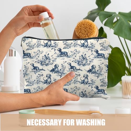 Chinoiserie Dachshund Makeup Bag Blue White Dog Canvas Toiletry Pouch