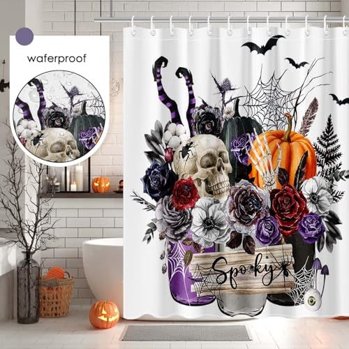 Mocsicka Purple Halloween Pumpkin Skeleton Witch Shower Curtain - 71x71 inch