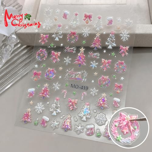 Christmas Nail Stickers 3D Embossed Pink Snowflake Decals 3 Sheets