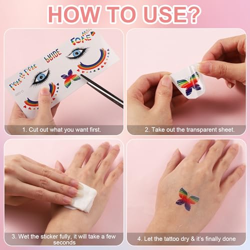 Lasuroa Rainbow Temporary Pride Tattoos - 10 Sheets Waterproof Face & Body Stickers for Festivals and Party Celebrations