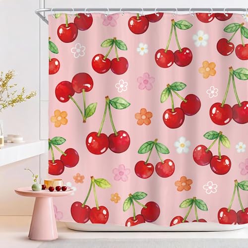 Riyidecor Cherry Floral Shower Curtain, Pink Kawaii Bathroom Decor, 72x72 Inch