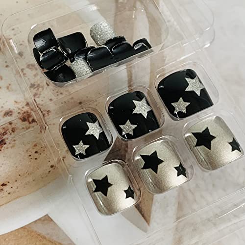 Onsdag Press on Toenails Black Designs 24 Pcs Glossy Square False Toe Nails