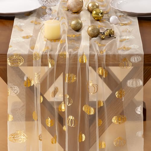 Gold Gauze Table Runner Fall Pumpkin Beige 10ft for Party & Holiday Decor